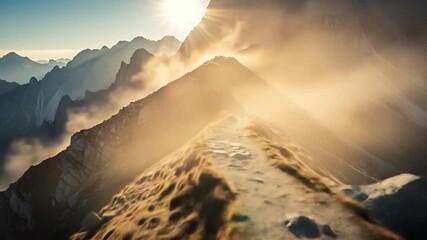 Golden sunrise over narrow alpine mountain ridge trail with mist and sunbeams. - Powered by Adobe