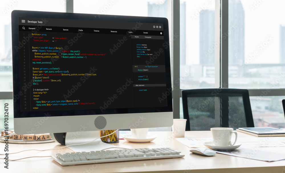 Poster software development programming on computer screen for modish application and program coding