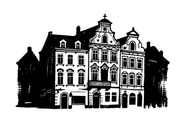 Fototapeta premium Old European-style buildings drawn in hand-drawn black ink sketch style on white background, concept of architectural heritage