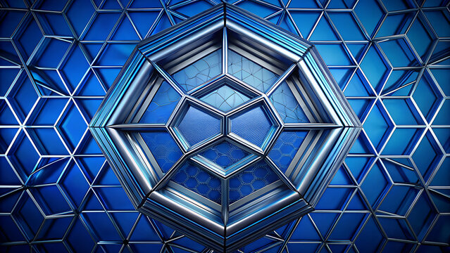 Bold cobalt blue with metallic silver geometric grid, futuristic minimal background.