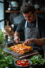 Chef preparing delicious homemade food in the kitchen with gourmet recipes and culinary skills