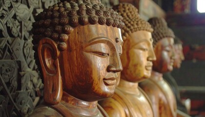 Fototapeta premium Serene Row: Ancient Wooden Buddha Statues in a Tranquil Setting