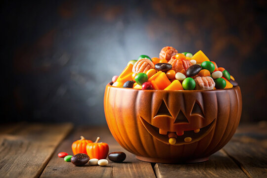 Halloween candy bowl jack o lantern trick or treat sweets chocolate colorful autumn holiday seasonal treat
