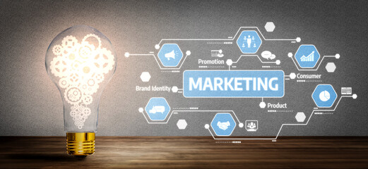 This image illustrates a light bulb filled with gears, representing innovative marketing strategies...