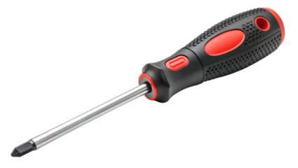 Screwdriver with ergonomic handle, hand tool for turning screws, isolated close up on a transparent background PNG