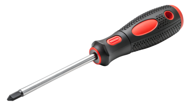 Screwdriver with ergonomic handle, hand tool for turning screws, isolated close up on a transparent background PNG