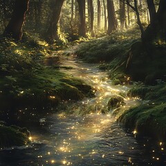 Mystical woodland creek illuminated by fireflies high resolution picture