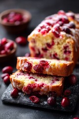 Freshly baked cranberry bread topped with sweet icing, perfect for holiday baking and dessert recipes.