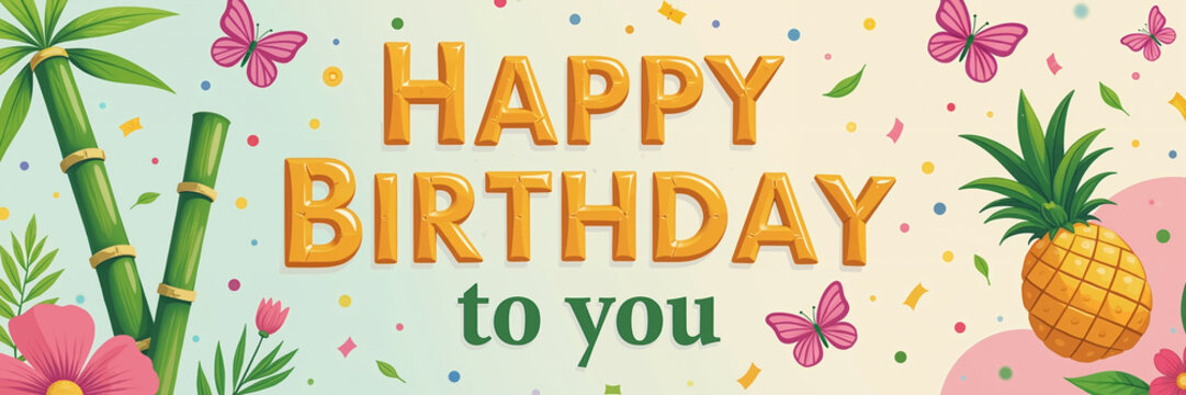 Bright Happy Birthday To You message in gold and green letters on a gradient background with confetti, surrounded by bamboo, pink butterflies, flowers, and a pineapple. - Powered by Adobe