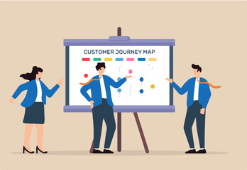 Vector illustration of team discussing customer journey map on whiteboard user experience design