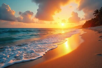 Golden sand beach at sunset, tranquil ocean waves gently lapping the shore, creating a serene and peaceful atmosphere  Perfect for travel, vacation, or relaxation themes , sandcastle, beach, sun rays