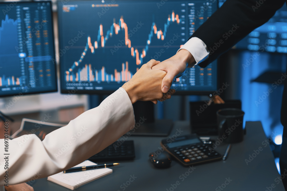 Poster cropped hand of business partner checking hand with dynamic stock market data analyzing profit value