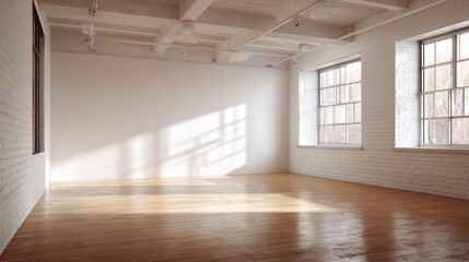Fototapeta premium Bright, spacious interior with hardwood floor, large windows, and exposed ceiling beams