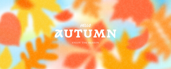 Modern autumn web banner with blurred leaf silhouettes and soft, grainy texture. Warm seasonal colors create a dreamy atmosphere, perfect for a website header or social media cover, vector illustratio