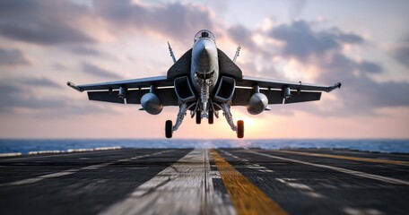 Naklejka premium Un avion de chasse, vue de face, atterrissant sur un porte-avions, avec un effet de flou de mouvement et un coucher de soleil en arrière-plan.