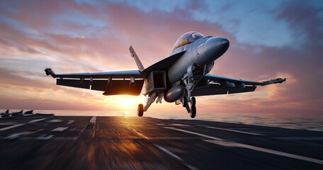 Naklejka premium Un avion de chasse atterrissant sur un porte-avions, avec un effet de flou de mouvement et un coucher de soleil en arrière-plan.