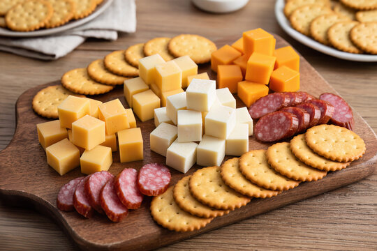 Assortment of cheese cubes with crackers and sausage on a wooden platter