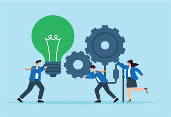 Flat illustration of employees turning giant green ESG lightbulb gear to drive corporate sustainability machine