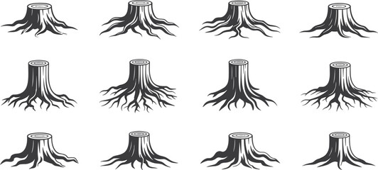 Tree stump roots vector illustration, wood log cut design, forest deforestation concept, natural tree trunk icon, environmental nature symbol set. © Hasan Creatives