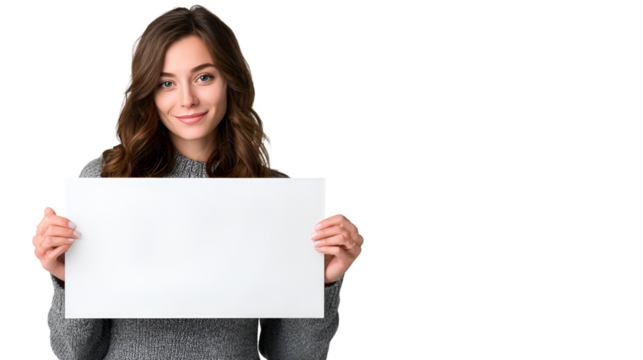 Smiling Woman Holding Blank White Sign for Your Message