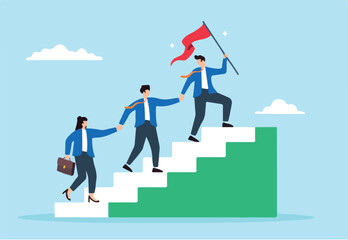Flat illustration of business people team up and hold hands to help each other climb staircase to success