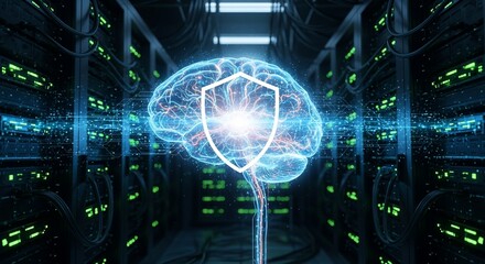 Protecting neural networks and big data, a concept of AI cybersecurity with a glowing brain and shield in a server room