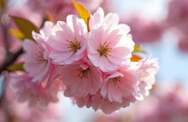 Fototapeta premium Close-up of pink sakura flowers in bloom during spring. Delicate petals unfurl on tree branches, detailed with stamen, pistil. Soft natural light illuminates blossoms against blurred background of
