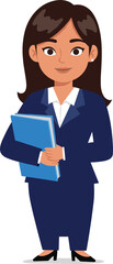 Cartoon businesswoman in navy suit holding blue folders, confident female office worker, professional character vector illustration for workplace.