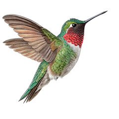 Vibrant ruby-throated hummingbird in flight showcasing iridescent green and red plumage
