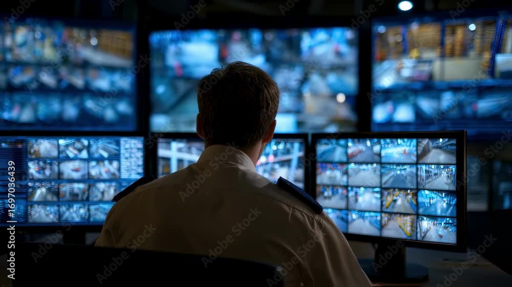 Aufkleber medium shot of a security professional monitoring multiple cctv camera feeds in a dimly lit control 