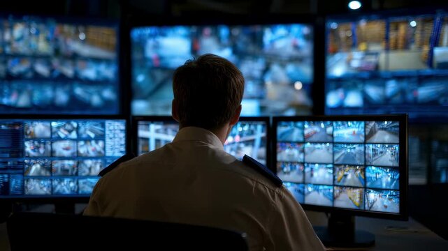 Medium shot of a security professional monitoring multiple CCTV camera feeds in a dimly lit control room focusing on warehouse surveillance systems integration