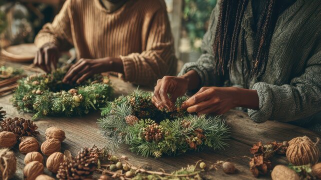Close-up photo of eco-style Advent wreath in progress. Fir branches, pinecones, and dried orange slices with handmade rustic decor highlight sustainable Christmas tradition - Powered by Adobe