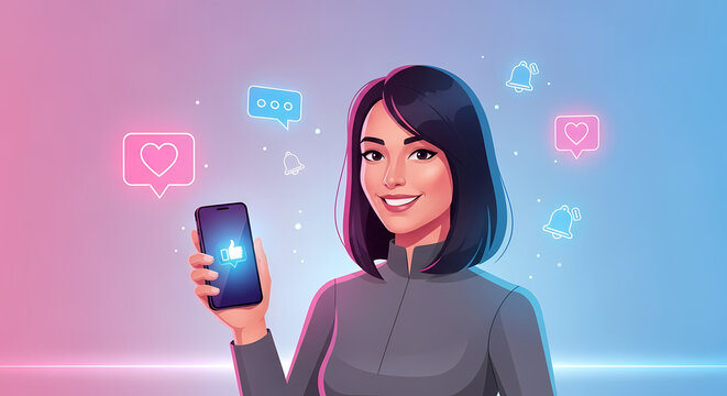 Smiling woman holding smartphone with social media notifications for likes, messages and followers