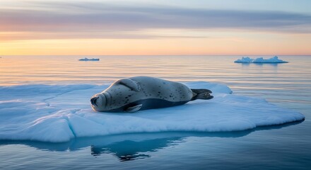 Fototapeta premium Seal Resting on an Ice Floe Under a Colorful Sunset Sky in the Arctic