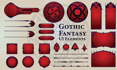 Set of Red Gothic Fantasy Elements for user interface, poster, video. Fantasy magic HUD. Template for rpg game interface. Vector Illustration EPS10