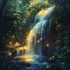 Mystical woodland waterfall glowing at night high resolution picture