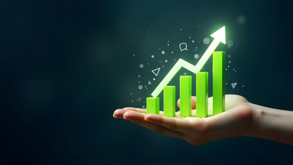 Hand holding green 3D growth chart with upward arrow, business success concept, financial growth, profit increase, data analytics, investment, economy, sustainable business, progress and strategy.