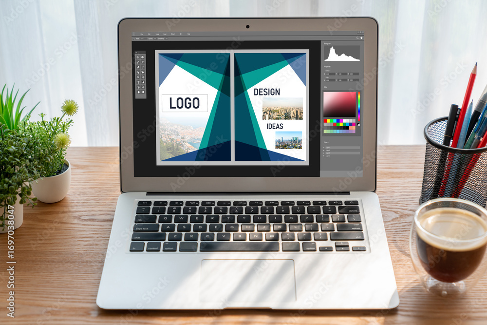 Poster Graphic designer software for modern design of web page and commercial ads showing on the computer screen