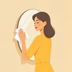 Lady polishing glass surface, satisfied look — serene mood