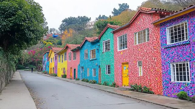 Colorful Row of Painted Houses Along a Quiet Street Showcasing Vibrant Architecture.