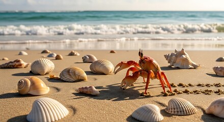 A vibrant red crab navigates its way through a collection of diverse seashells scattered on a sunny tropical beach