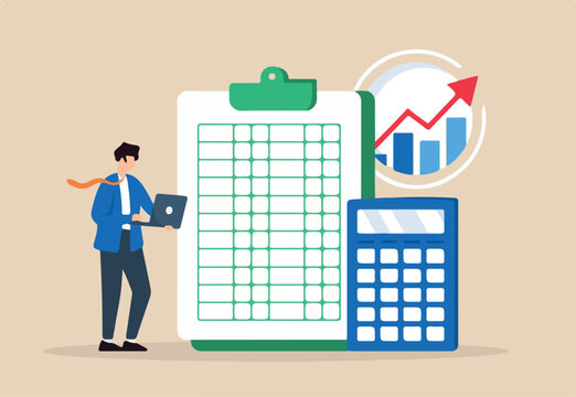 Flat illustration of accountant use calculator and spreadsheet to produce report for financial analysis
