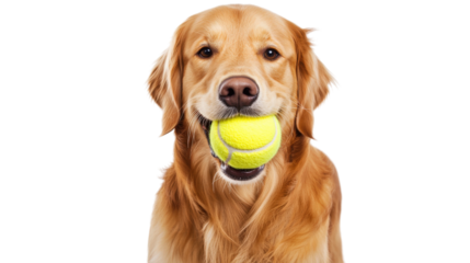Adorable Golden Retriever Holding a Tennis Ball in Its Mouth, Ready for a Playful Game