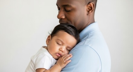 Fototapeta premium Loving father gently holds his sleeping baby close against his shoulder