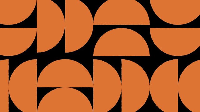 Seamless loop abstract background with orange half circles on black background. Geometric Vintage Retro Style.