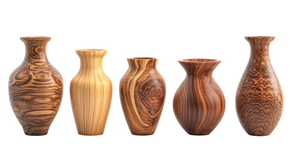 Assortment of Carved Wooden Vases with Natural Textures on a Clear Backdrop for Home Design