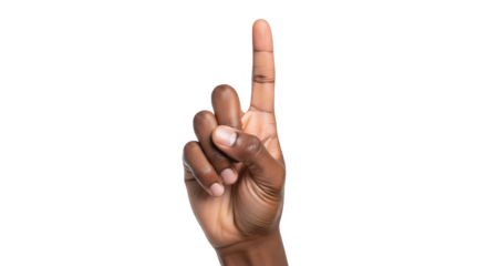 A darkskinned hand pointing upwards with the index finger, isolated on a transparent background, representing a single idea, direction, or the number one