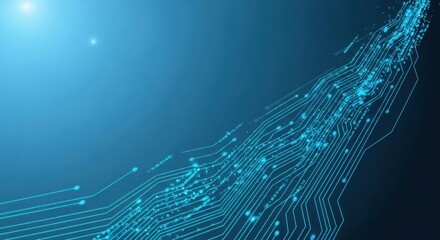 Glowing blue circuit board lines with digital data flow on dark background