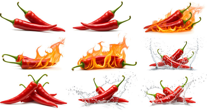 Creative image of red chili peppers combined with fiery flames and water splashes symbolizing hot and spicy flavor with freshness. Ideal for spice advertising hot sauce labels and culinary artwork