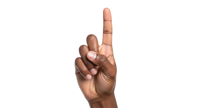A darkskinned hand pointing upwards with the index finger, isolated on a transparent background, representing a single idea, direction, or the number one